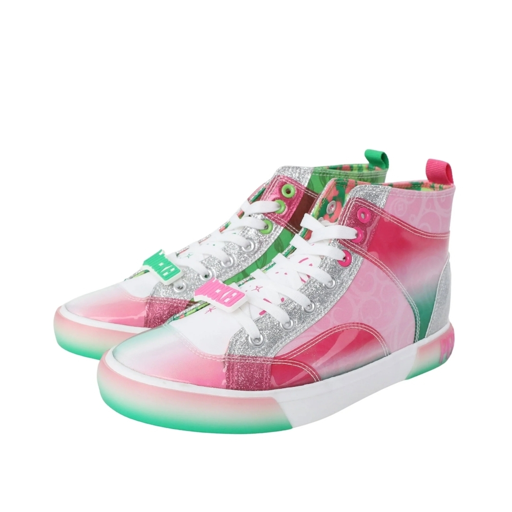 Wicked Vibrant Pink and Green High-Top Sneakers with Transparent Design